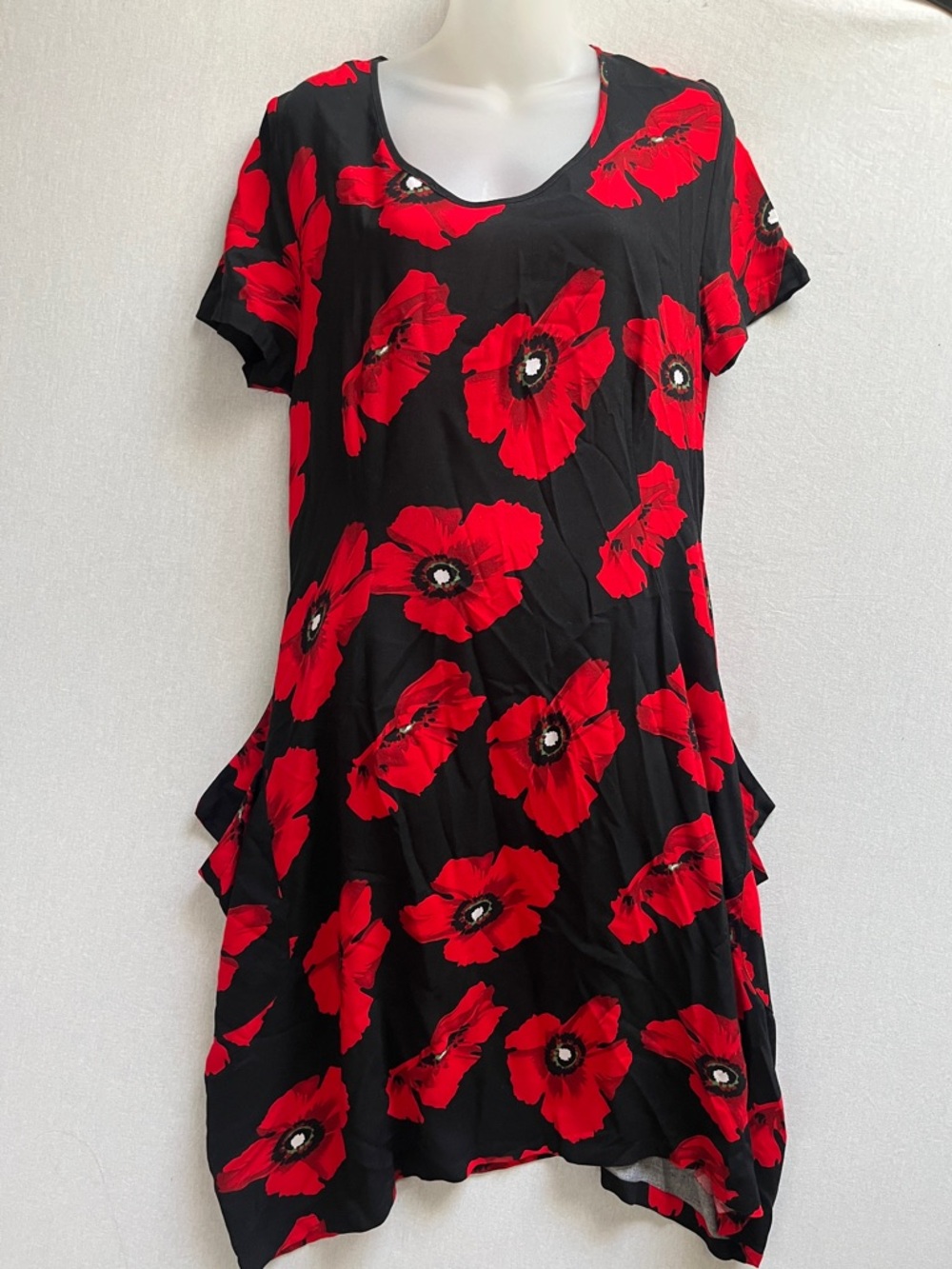 Molly N Red Floral Lagenlook Parachute Midi Dress Pockets Sz 14 NZ/ Sz 10 US